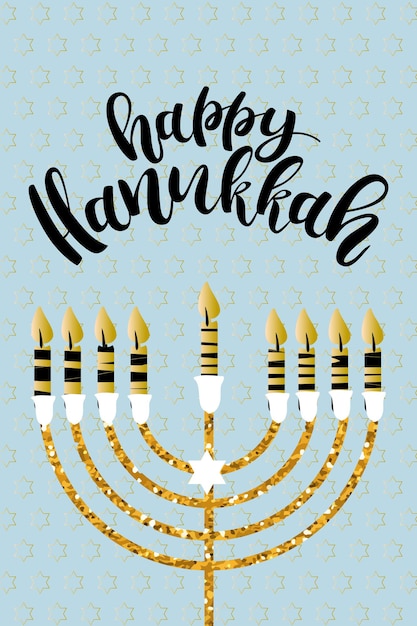 Vettore biglietto di auguri di hanukkah, poster, modello di banner. nove candele e desideri. illustrazione disegnata a mano. felice hannukah