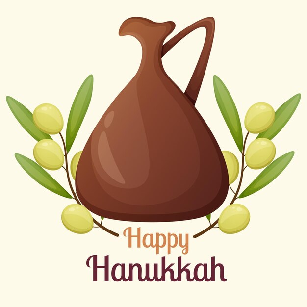 Vector hanukkah greeting card with bonze jug with olive oil and olive branches