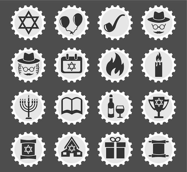 Hanukkah icons on stylized round postage stamps