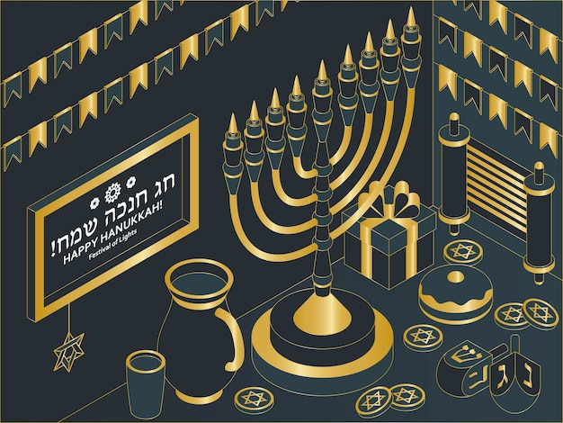 Hanukkah isometric template with Torah, menorah and dreidels. Translation Happy Hanukkah