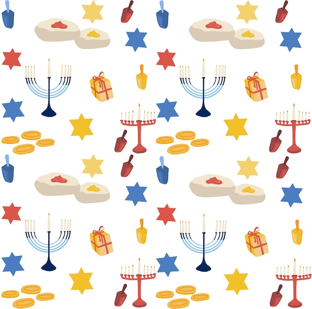 Hanukkah pattern with menorah donuts and money