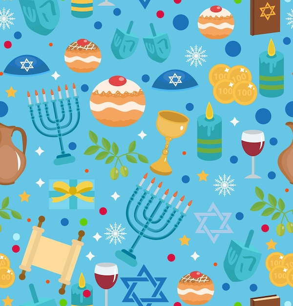 Hanukkah seamless pattern with menorah, dreidel, coins, snowflakes, donuts, bows and jewish star.