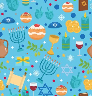 Modello senza cuciture di hanukkah con menorah, dreidel, monete, fiocchi di neve, ciambelle, fiocchi e stella ebraica.