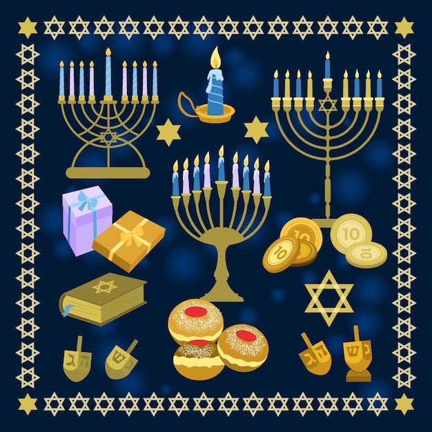 Vector hanukkah set traditional items for hanukkah celebrations