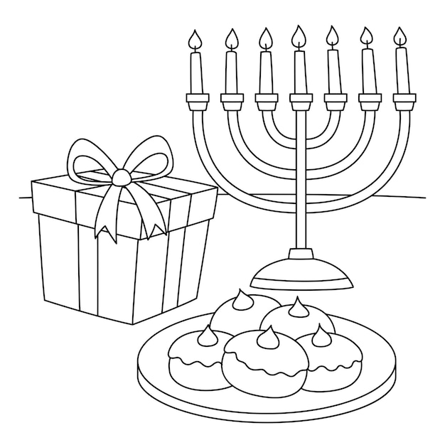 Vector hanukkah sufganiyah gift menorah coloring page