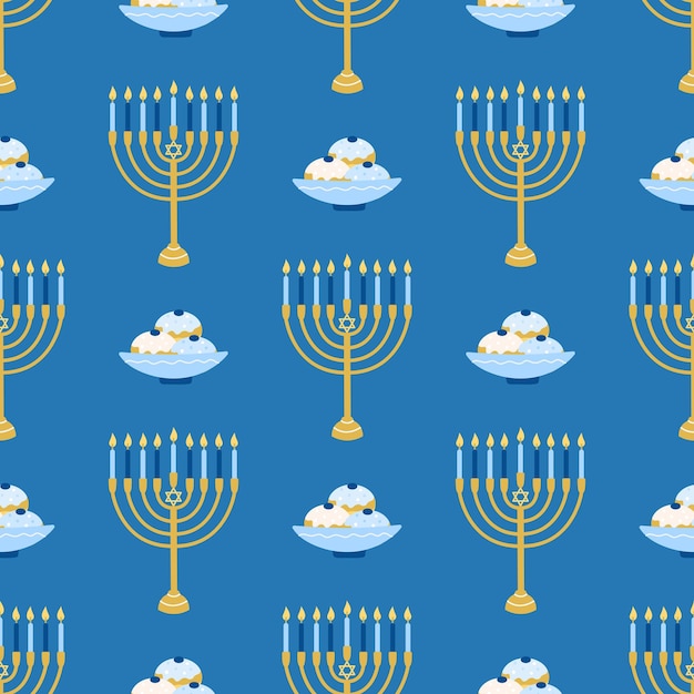 Modello senza giunture vettoriale di hanukkah vari oggetti della festa ebraica delle luci in stile piatto