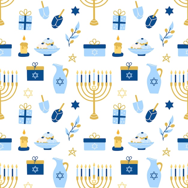 Hanukkah vector seamless pattern Various object of Jewish festival of lights in flat style