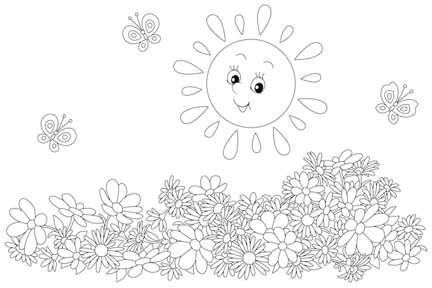 Happily smiling little sun and merry butterflies flittering over summer garden flowers