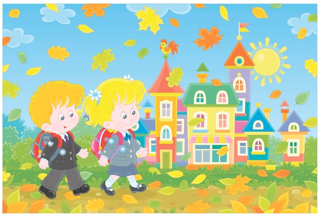 다채로운 거리를 따라 학교에 가는 책가방을 들고 행복하게 웃고 있는 학생들