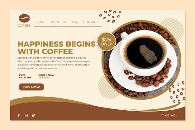 Vector happiness begins with coffee landing page