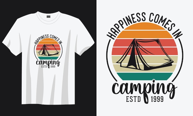 행복은 캠핑 빈티지 타이포그래피 복고풍 캠핑 하이킹 슬로건 Tshirt 디자인 일러스트 레이션에 온다