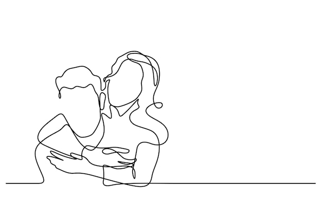 Happiness couple hug in continuous line drawing vector