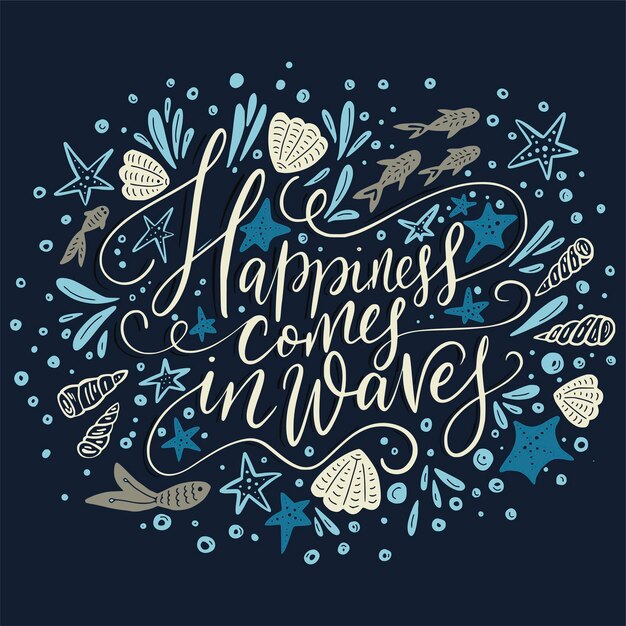 Happiness cpmes in waves Vector lettering card