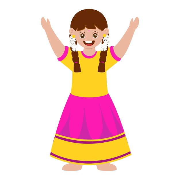 Happiness cute girl raising hands up in standing pose on white background
