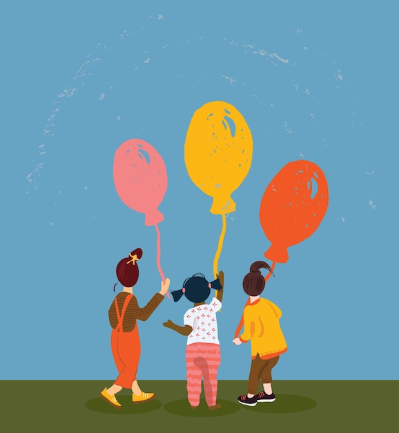 Vector happiness group of cute and adorable children with air balloons diverse nation girls playing together toddlers of different races having party flat vector illustration in cartoon style