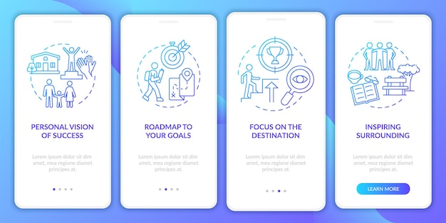 Schermata della pagina dell'app mobile per l'onboarding del gradiente blu del componente della mentalità della felicità