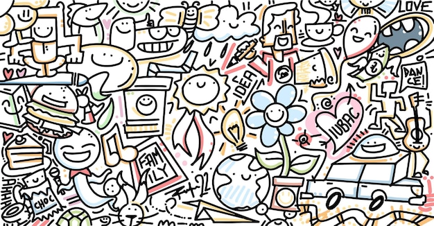 HAPPINESS theme colorful DOODLE with smiling characters