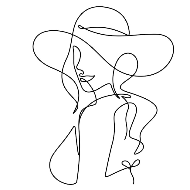 Vector happiness woman in bikini swimsuit with beach hat summer line art