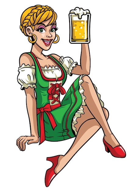 Happpy girl of oktoberfest wearing drindl and presenting the beer