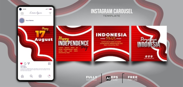 Happy 17th august instagram carousel template with smartphone