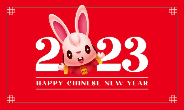 Happy 2023 greeting wishes signage with cure rabbit waving hand