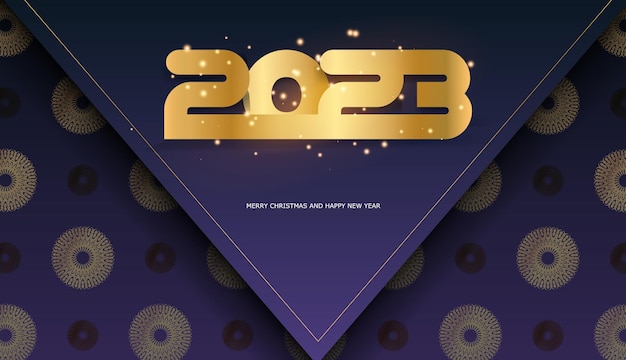 Happy 2023 new year greeting background golden pattern on blue