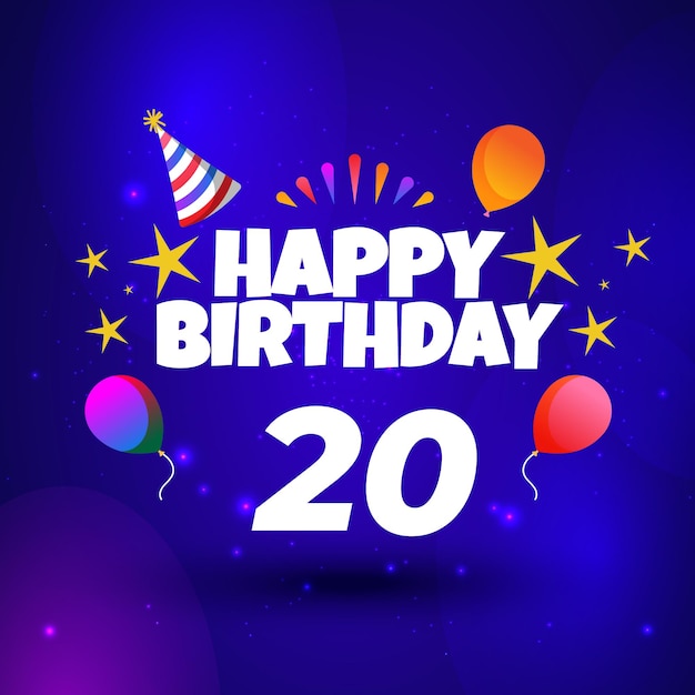 Happy 20th birthday greeting card. Party multi colored balloons, hat, stars and stylish lettering.