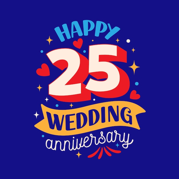 Happy 25 wedding anniversary logo design with 3D letter heats stars and confetti elements