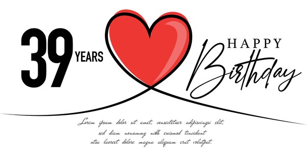 Happy 39th birthday card vector template with lovely heart shape.