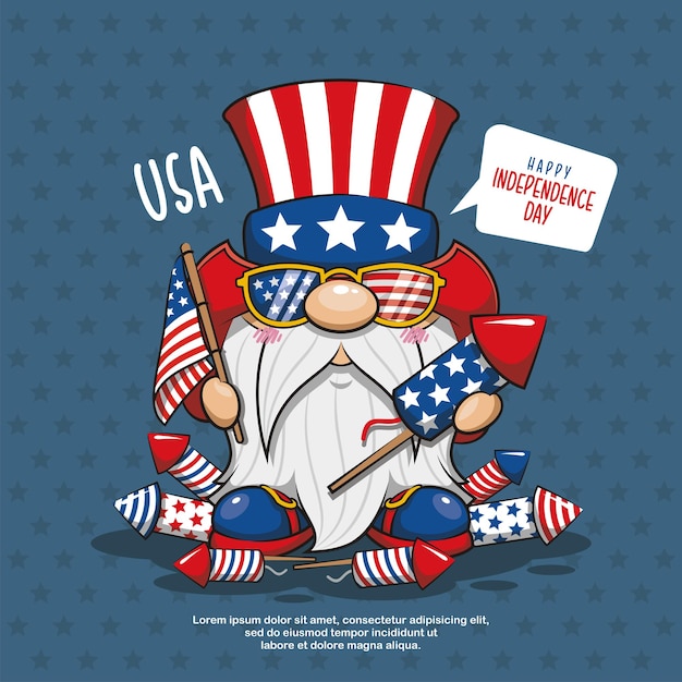 Vector happy 4th of july america independence gnome celebrating cute cartoon illustration