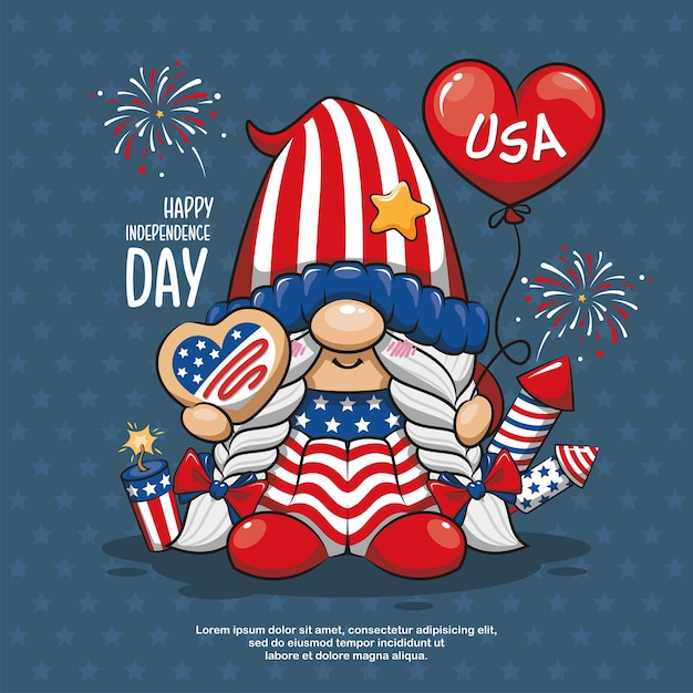 Vettore felice 4 luglio america indipendenza con cute gnome i love usa cartoon illustration