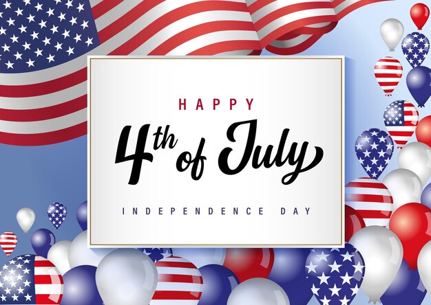 Happy 4th of July holiday USA Independence Day Fourth of July greeting card with balloons and flag