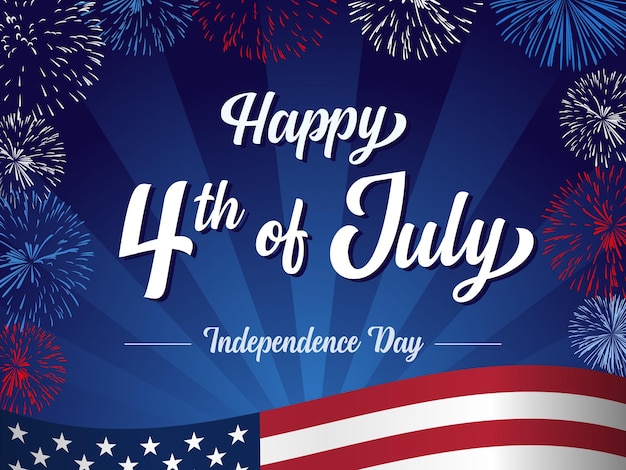 Happy 4th of July Independence Day greeting card with lettering and fireworks United States holiday