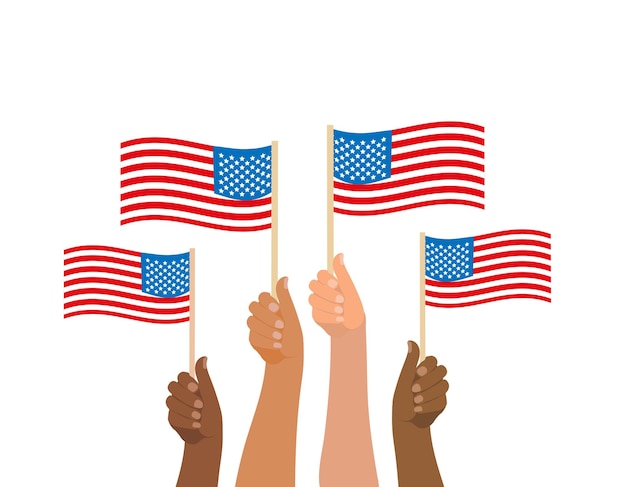 Happy 4th july, People hold American flag. American Independence Day national holiday. Vector illustration.