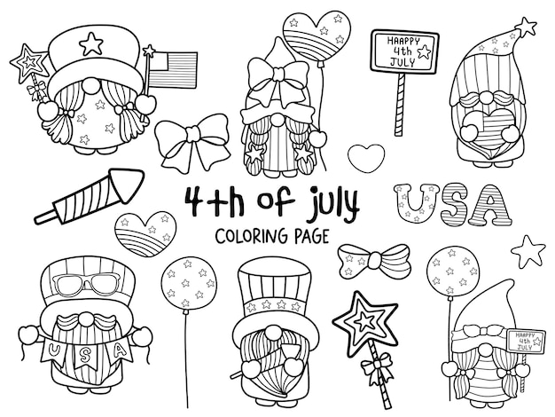 Vector happy 4th of july with gnome  coloring page