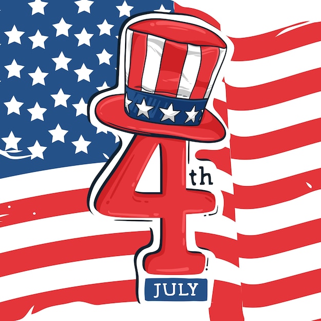 ベクトル アンクルサムの帽子と手を振っているアメリカの国旗の背景を持つ独立記念日をおめでとう
