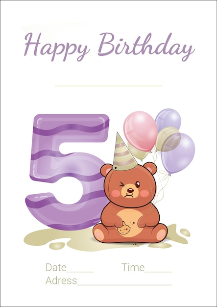 다섯 번째 생일 축하 테디와 함께 귀여운 초대 카드 아기 샤워와 아이의 생일