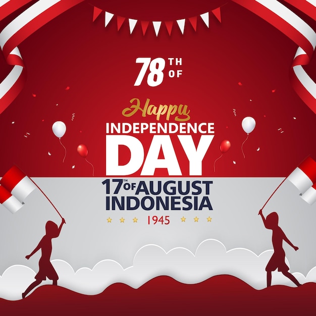 Happy 78th and 17th of august indonesian independence day square banner for social media post with with abstract gradient red and white background design