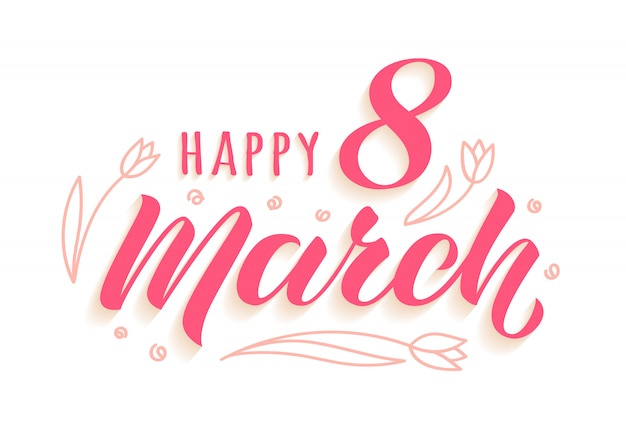 Happy 8 March handwritten lettering with doodle tulips for womans day greeting card