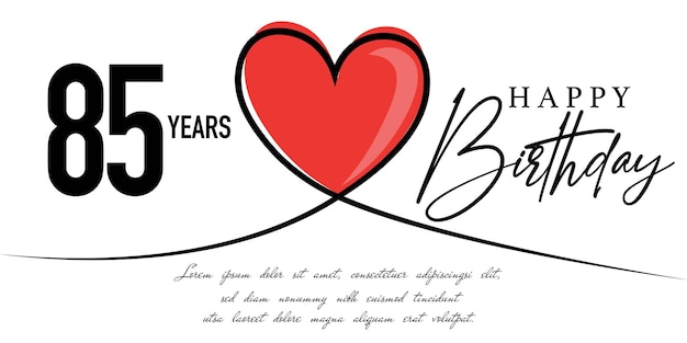 Happy 85th birthday card vector template with lovely heart shape.