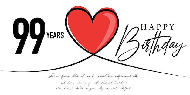 Happy 99th birthday card vector template with lovely heart shape.