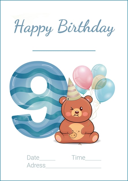 Happy 9st Birthday Cute invitation card with teddy Baby shower and kids birthday