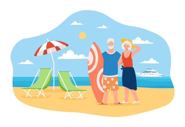 Vector happy and active elderly couple is spending time on the beach together retired male and female