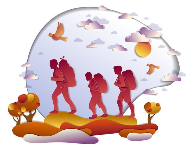 Happy active family hiking in autumn through meadows and fields with trees and birds in the autumnal sky. father mother and son hikers having time of freedom in nature, vector illustration.