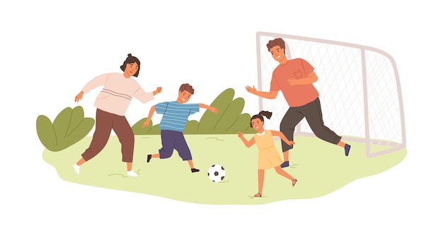 Famiglia attiva felice che gioca a calcio o a calcio all'aperto. bambini e genitori trascorrono del tempo insieme in estate. illustrazione vettoriale piatta colorata del gioco sportivo isolato su sfondo bianco.