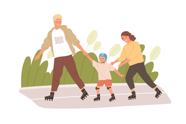 Felice famiglia attiva pattinaggio a rotelle nel parco insieme. bambino che impara a pattinare con l'aiuto di madre e padre. attività sportive estive. illustrazione vettoriale piatta colorata isolata su sfondo bianco.