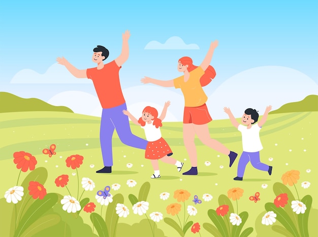 Happy active family with kids running outdoors