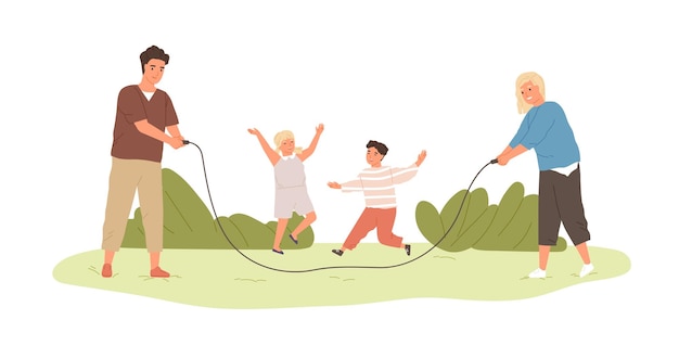 Happy active kids jumping over skipping rope, held by parents. Family spending leisure summer time outdoors playing with children. Colored flat cartoon vector illustration isolated on white background