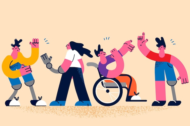 Vector happy active lifestyle of disabled people concept. group of young disabled people playing communicating feeling positive and confident vector illustration