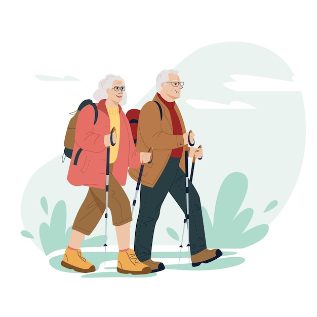 Happy active senior couple traveling together with backpacks and trekking sticks on holidays hiking